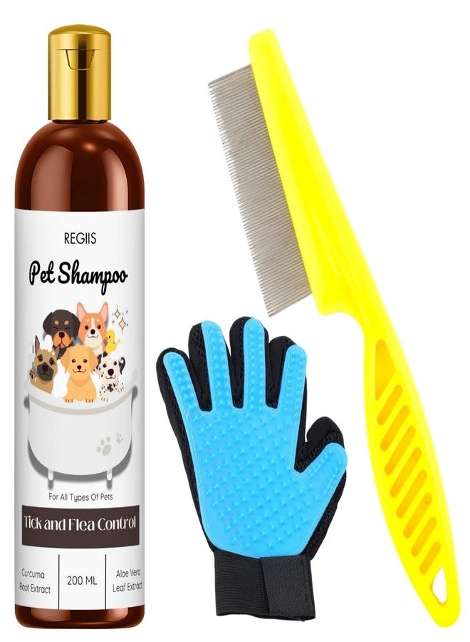 شامبو ريجيس للحيوانات الأليفة مع مكافحة القراد والبراغيث، طقم عناية مع قفاز وفرشاة ومشط، 200 مل، لجميع أنواع الحيوانات الأليفة (عبوة من 3 قطع) - Image 1